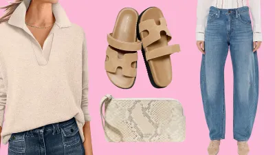 cream knit sweater, suede sandals, barrel jeans and snakeskin wallet