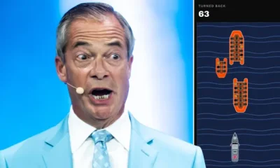 Nigel Farage with a screenshot from the Small Boat Scramble game.