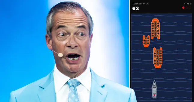 Nigel Farage with a screenshot from the Small Boat Scramble game.