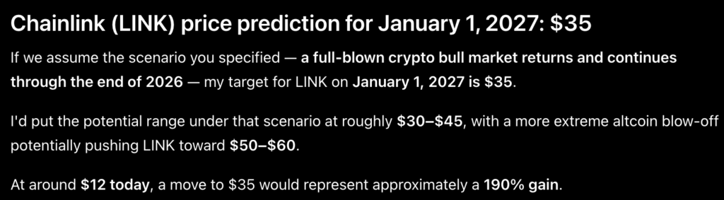 Chainlink price prediction: Claude AI predicts that in full-blown bull market conditions for the remainder of 2026, LINK could hit $35