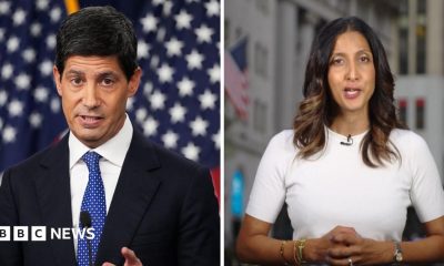 A split screen of a man in a suit on the left and a woman on the right in a white top.