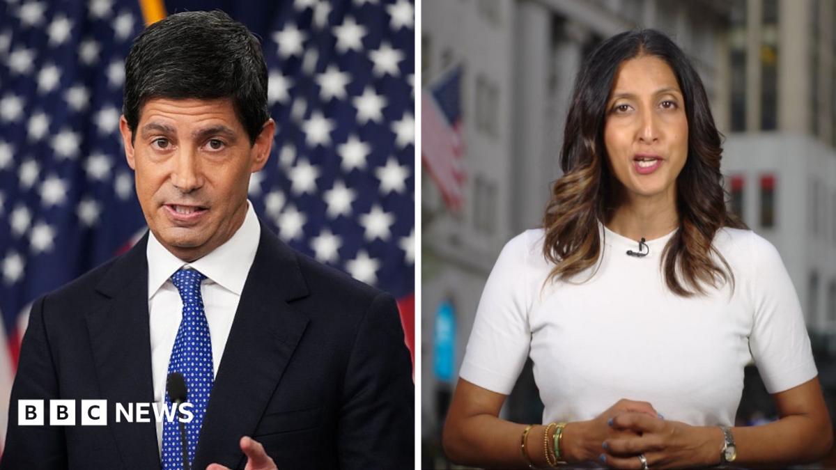 A split screen of a man in a suit on the left and a woman on the right in a white top.