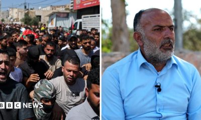 Split image of funeral procession and father of killed teen speaking to the BBC