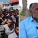 Split image of funeral procession and father of killed teen speaking to the BBC