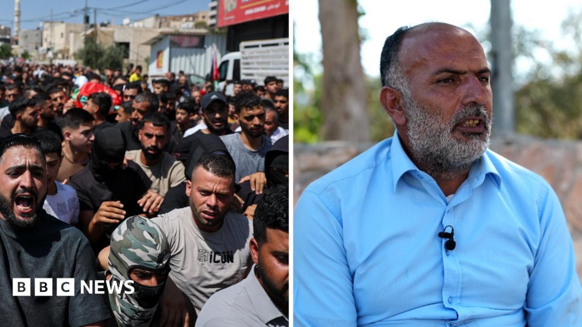 Split image of funeral procession and father of killed teen speaking to the BBC