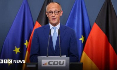 German Chancellor Friedrich Merz gives a statement after first exit polls of the Berlin and Mecklenburg Western Pomerania state elections, at the CDU headquarters in Berlin