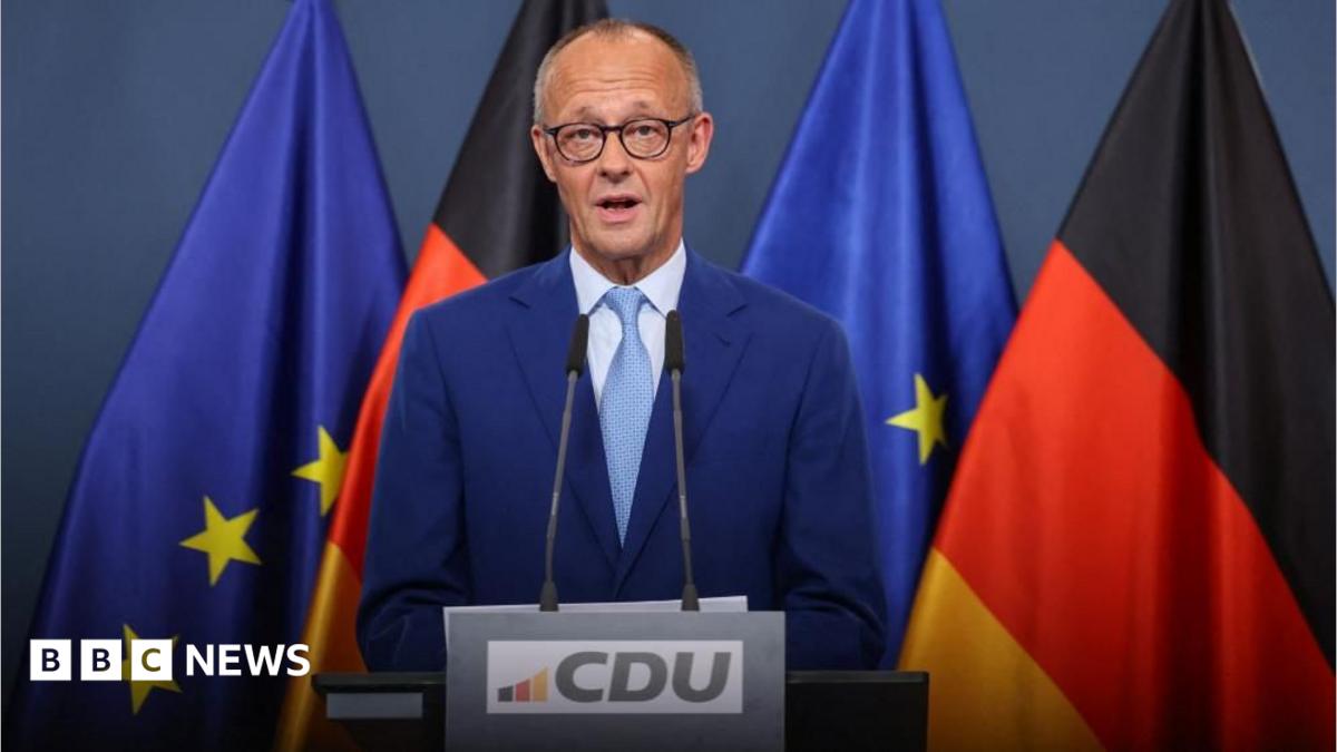 German Chancellor Friedrich Merz gives a statement after first exit polls of the Berlin and Mecklenburg Western Pomerania state elections, at the CDU headquarters in Berlin