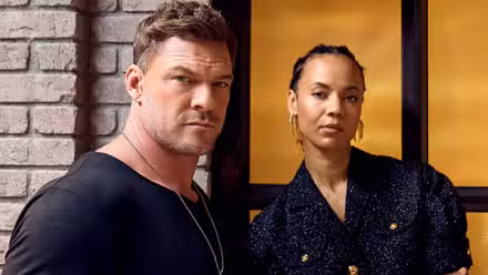 Alan Ritchson, left, and Maria Sten pose for a portrait for Collider during San Diego Comic-Con in San Diego on July 25, 2026, in promotion of Prime Video’s ‘Reacher’ and the upcoming ‘Neagley’ series. (Photo by Madi Atkins/Collider)