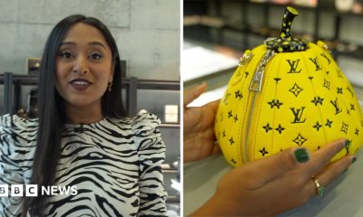 Composite image, on the left is BBC presenter Vandhna Bhan wearing a zebra print top, on the right is a  Louis Vuitton Kusama yellow pumpkin bag