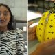 Composite image, on the left is BBC presenter Vandhna Bhan wearing a zebra print top, on the right is a  Louis Vuitton Kusama yellow pumpkin bag