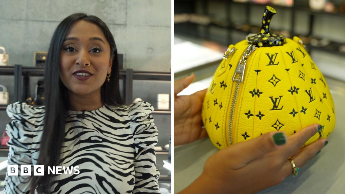 Composite image, on the left is BBC presenter Vandhna Bhan wearing a zebra print top, on the right is a  Louis Vuitton Kusama yellow pumpkin bag