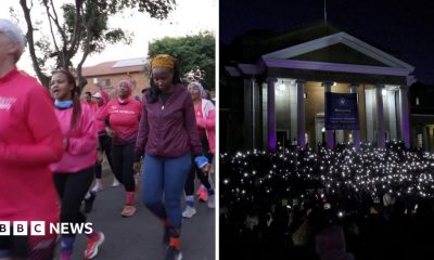 Split-screen showing women in pink running outside, on the left, and hundreds holding lanters at night during vigil on the right