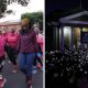Split-screen showing women in pink running outside, on the left, and hundreds holding lanters at night during vigil on the right