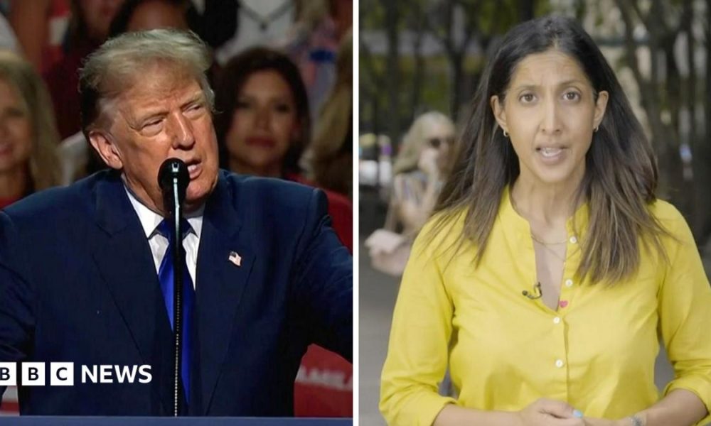 A splitscreen of Trump on the left and a woman in a yellow shirt on the right.