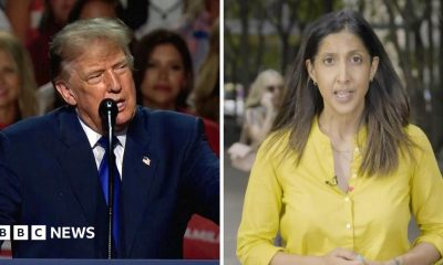 A splitscreen of Trump on the left and a woman in a yellow shirt on the right.