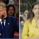 A splitscreen of Trump on the left and a woman in a yellow shirt on the right.