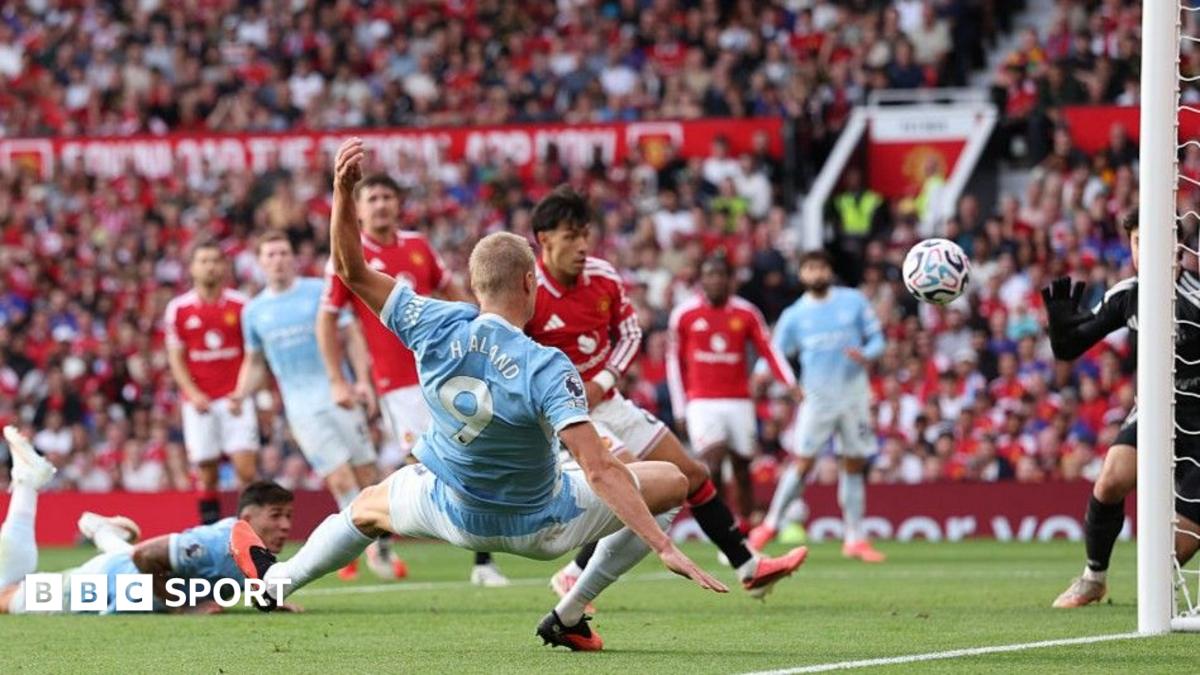 Manchester City striker Erling Haaland scores against Manchester United