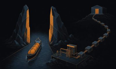 Stylized illustration of a tanker passing through a narrow strait between rock gates, with a toll booth and a chain of linked nodes running to a distant ledger building