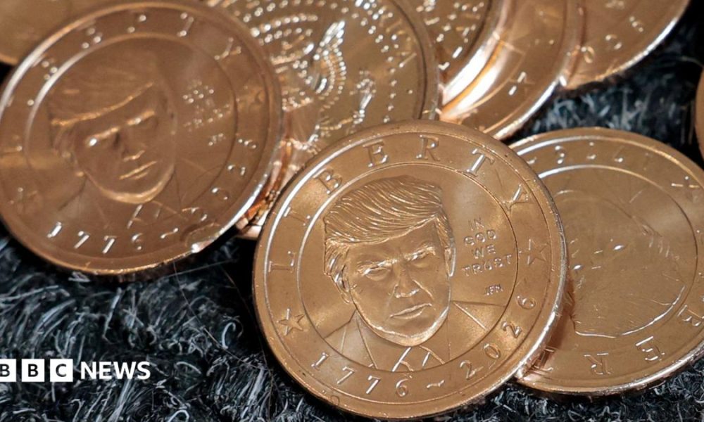 U.S. President Donald Trump's portrait on $1 coins, in honor of the nation's 250th anniversary of independence, on the day the coin is released for sale.