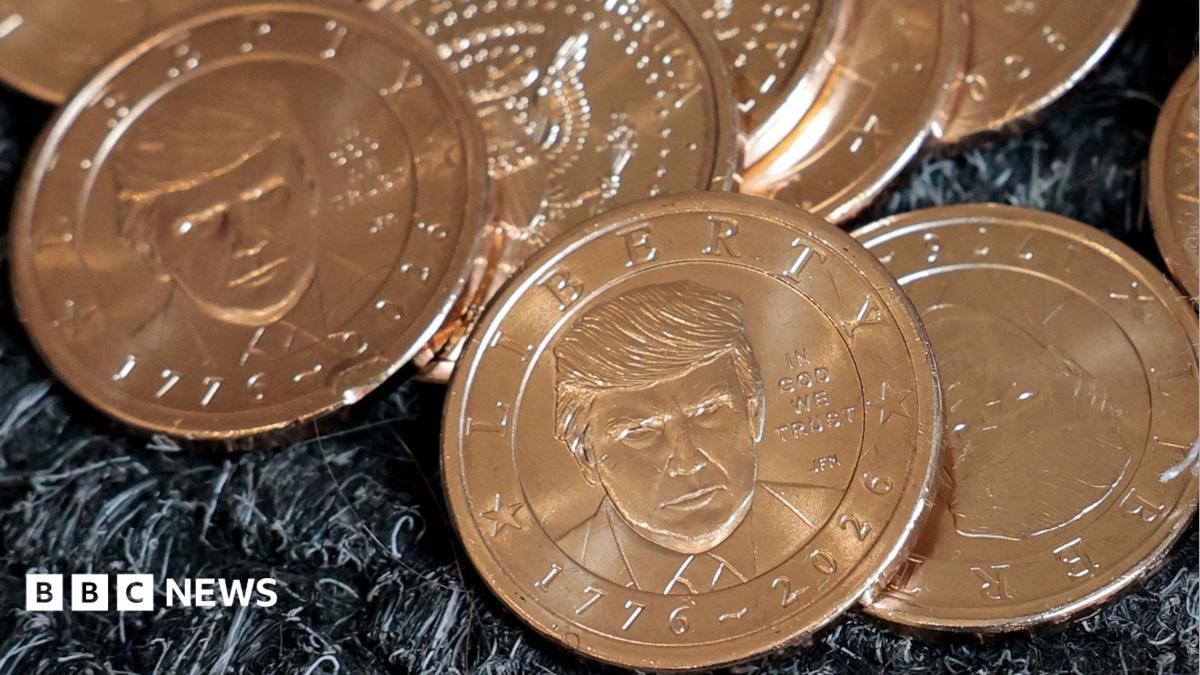 U.S. President Donald Trump's portrait on $1 coins, in honor of the nation's 250th anniversary of independence, on the day the coin is released for sale.