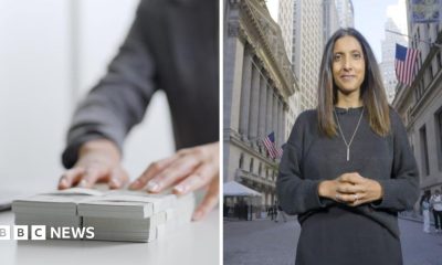 A split screen of a pair of hands pushing money on a table and a woman standing on Wall Street.