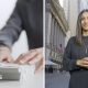 A split screen of a pair of hands pushing money on a table and a woman standing on Wall Street.