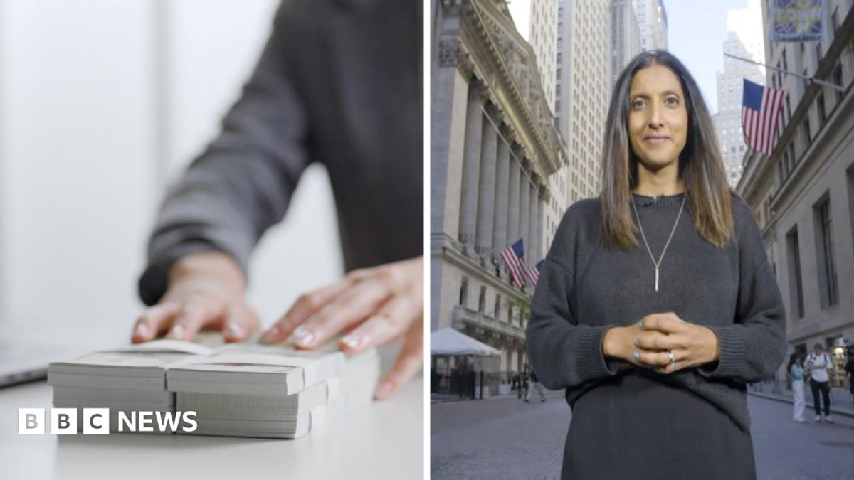 A split screen of a pair of hands pushing money on a table and a woman standing on Wall Street.