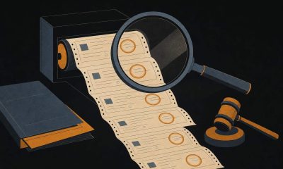 Illustration of a magnifying lens over a tape of near-identical trade tickets beside a resting gavel