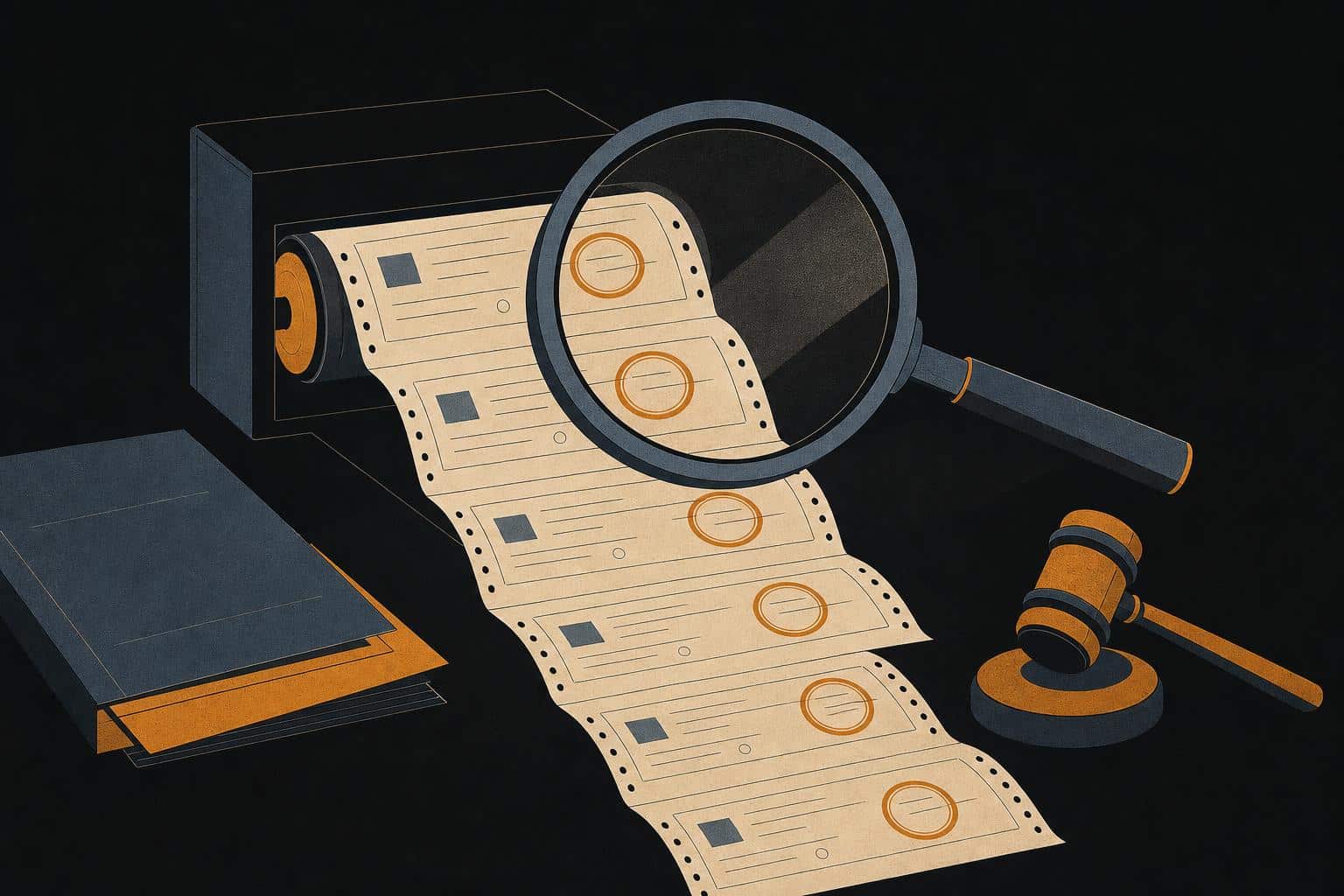 Illustration of a magnifying lens over a tape of near-identical trade tickets beside a resting gavel
