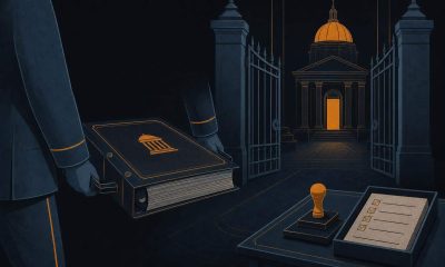 Illustration of an official document passing through institutional gates during a regulatory review