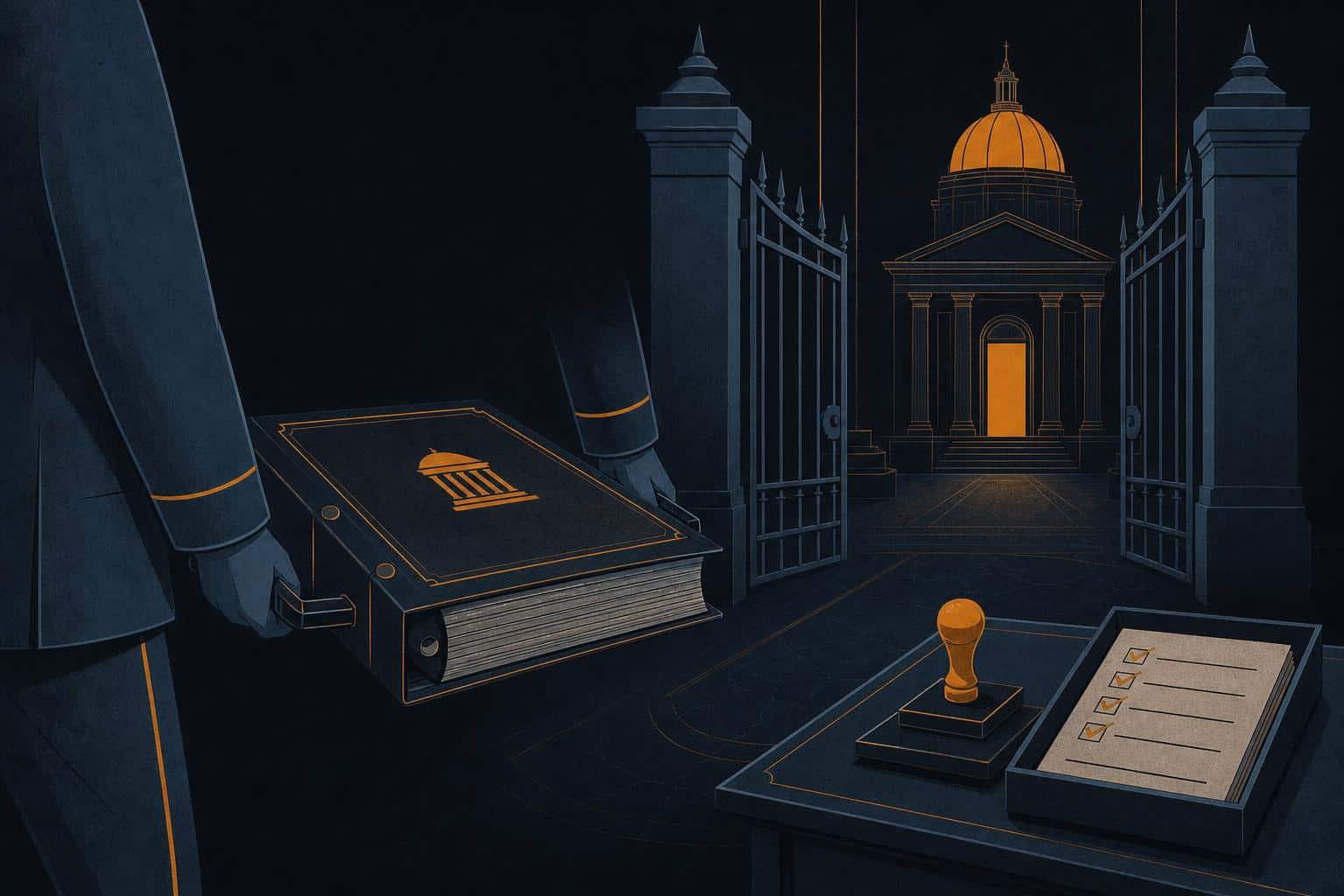 Illustration of an official document passing through institutional gates during a regulatory review