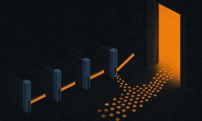 Flat geometric illustration of an open gate letting a stream of tiles through toward a doorway on a dark ground