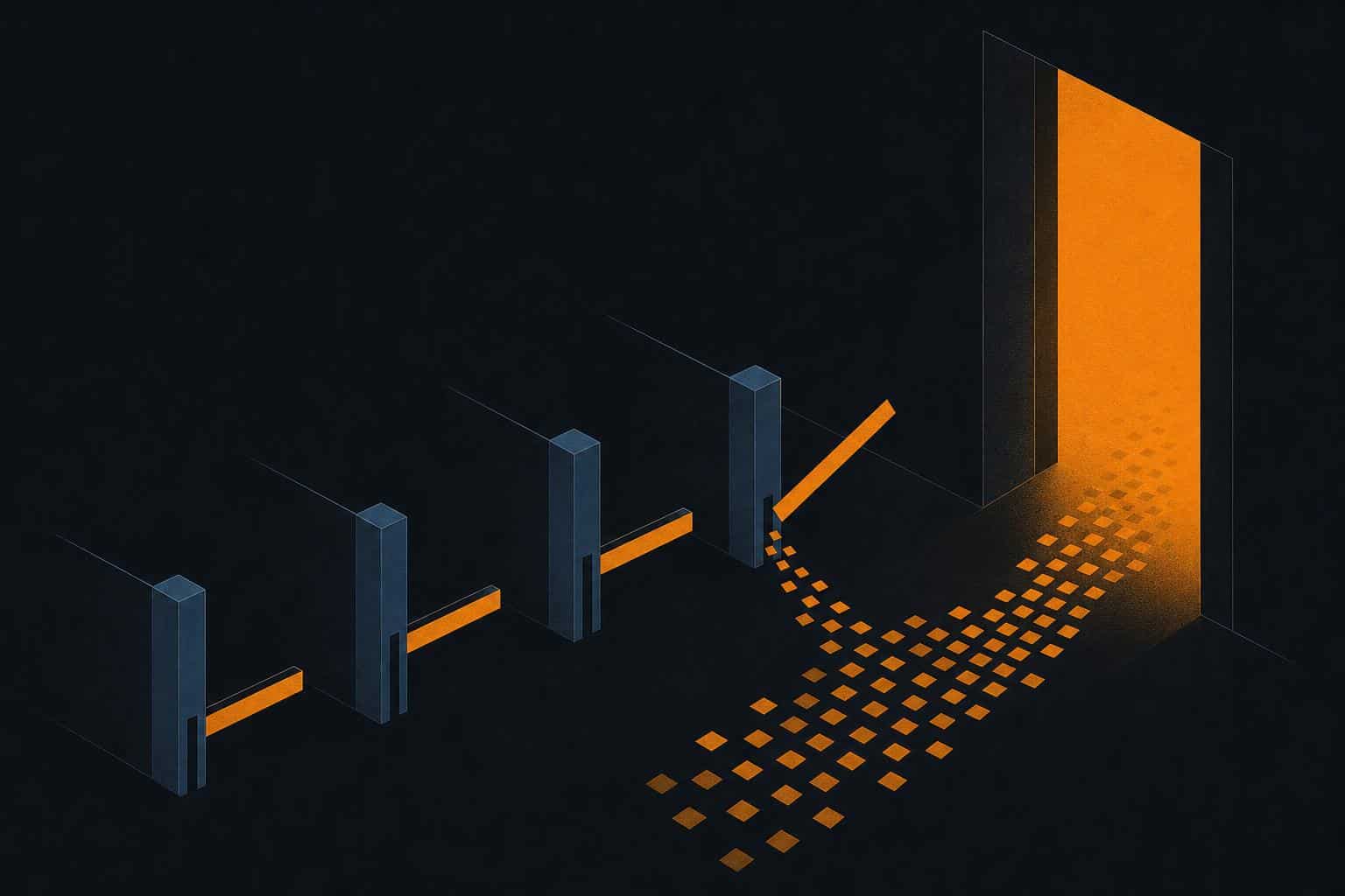Flat geometric illustration of an open gate letting a stream of tiles through toward a doorway on a dark ground