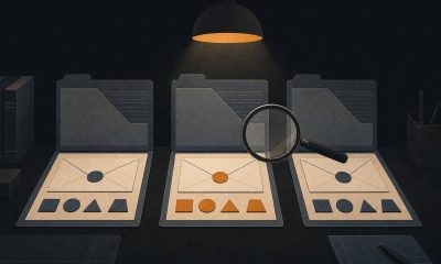 Illustration of three open case folders under a desk lamp with a magnifying lens, in a flat amber and slate-blue editorial style