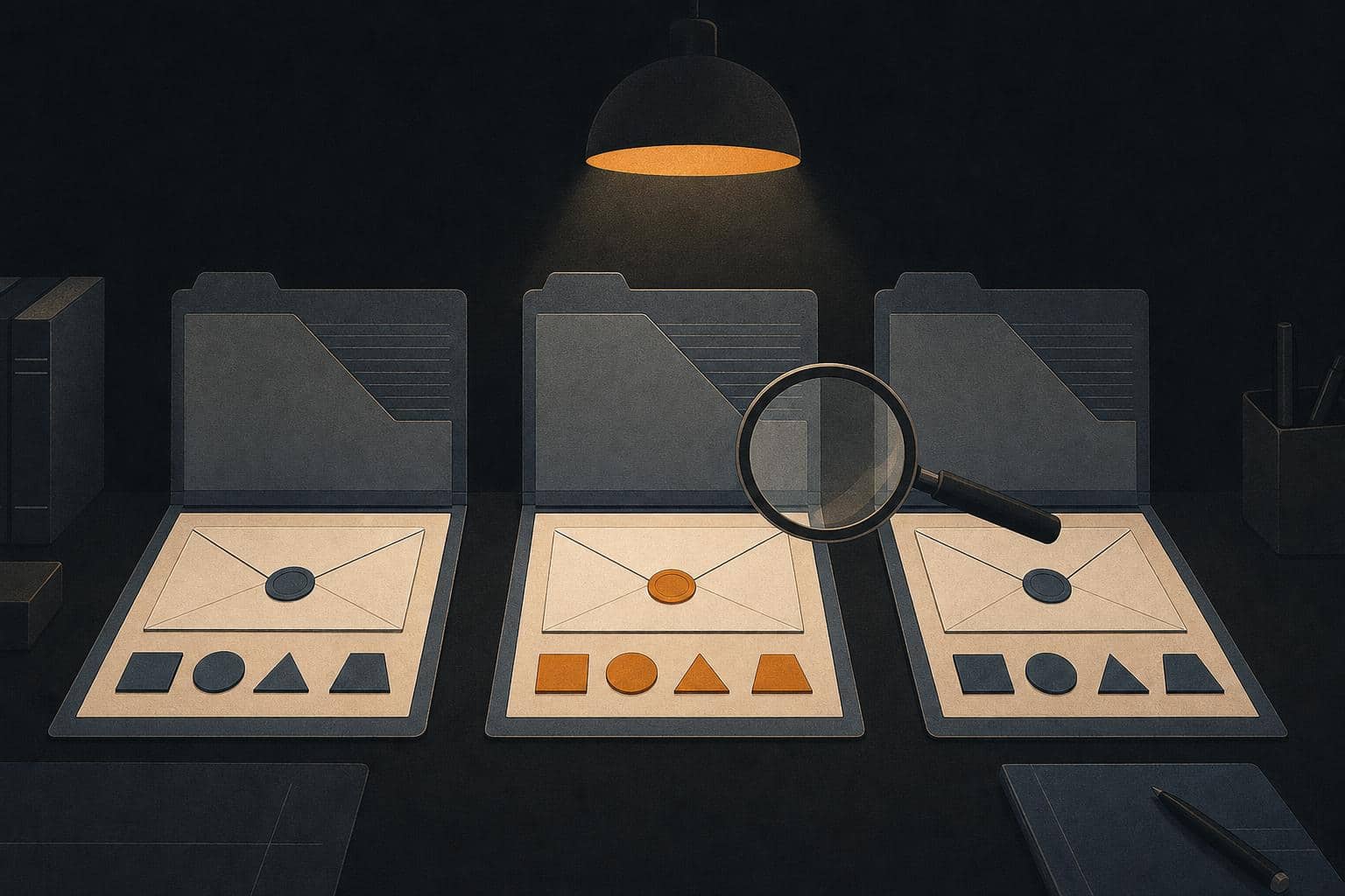 Illustration of three open case folders under a desk lamp with a magnifying lens, in a flat amber and slate-blue editorial style