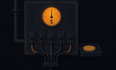 Illustration of a switchboard with a dollar-denominated gauge powering a network, while an unused token sits in a tray