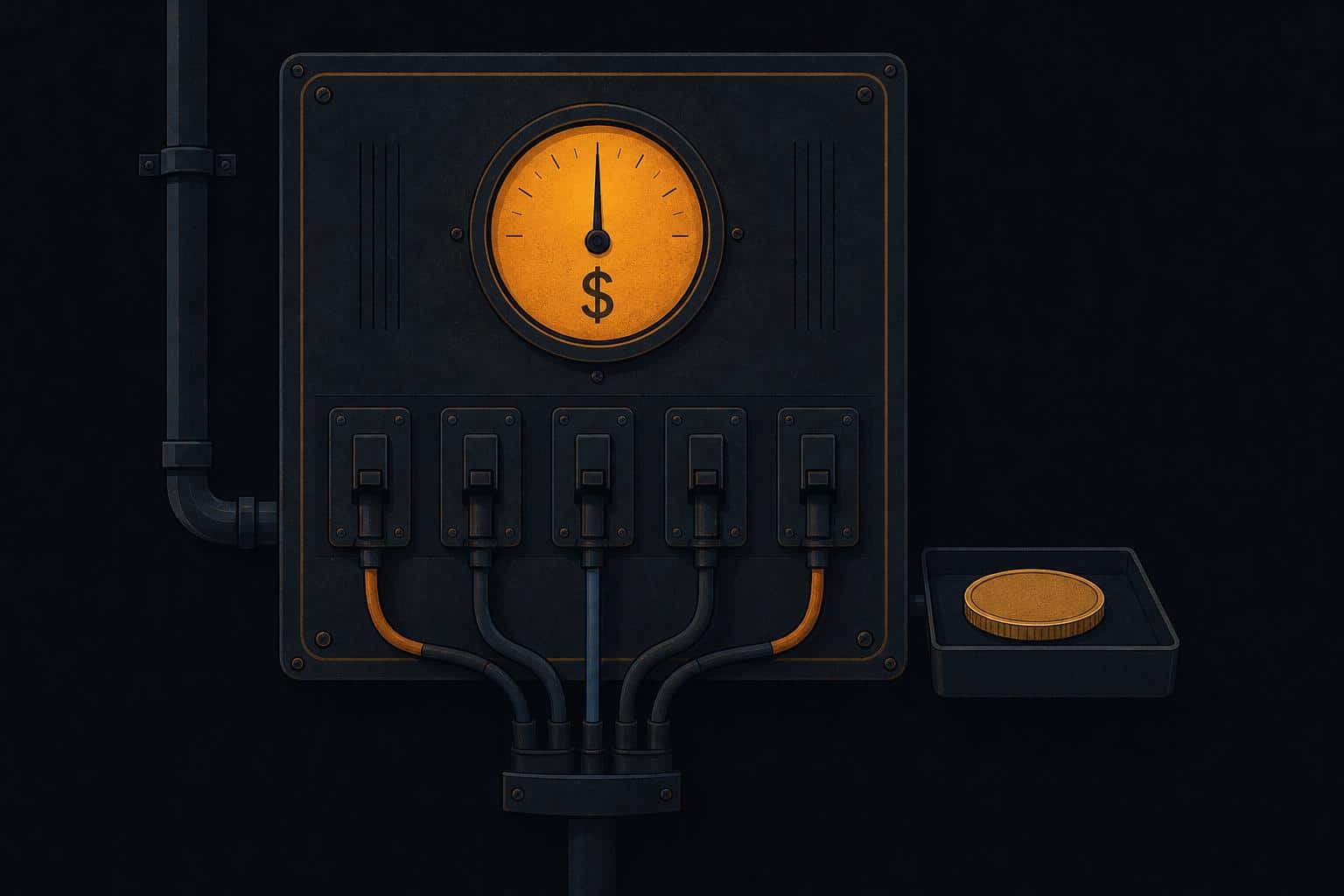 Illustration of a switchboard with a dollar-denominated gauge powering a network, while an unused token sits in a tray