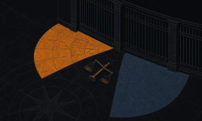 Illustration of a Senate-style chamber floor with two blocs of tiles pressed against closed gate bars and a tipped set of scales
