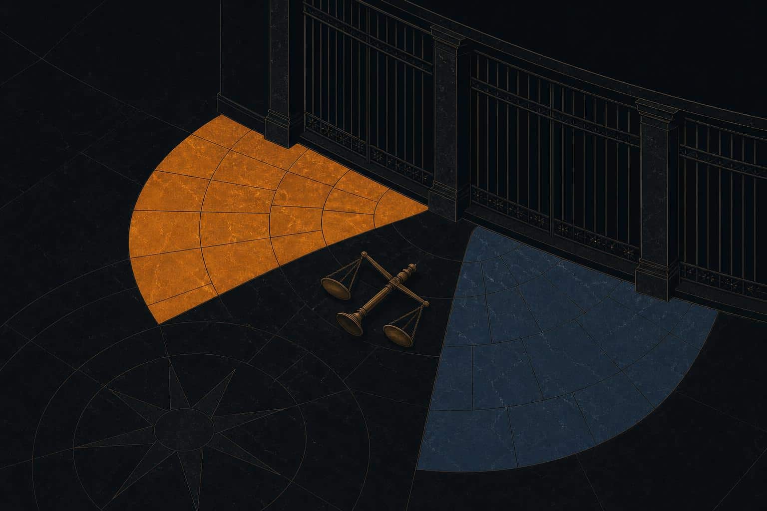 Illustration of a Senate-style chamber floor with two blocs of tiles pressed against closed gate bars and a tipped set of scales