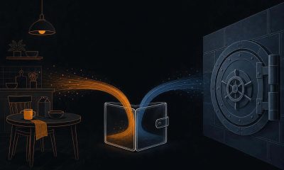 Editorial illustration of a wallet-shaped vessel splitting into two streams, one flowing toward a household table and the other toward a vault door