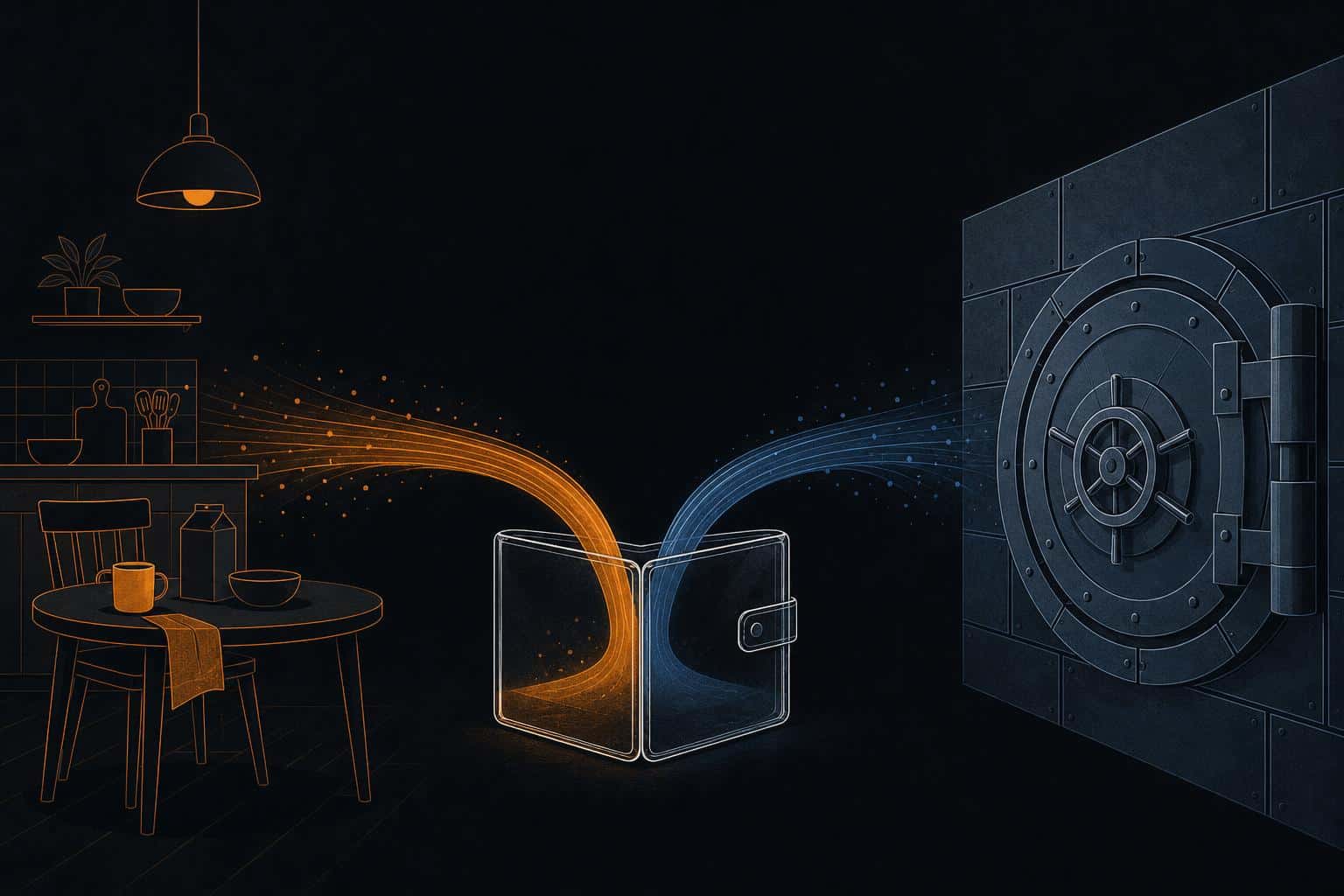 Editorial illustration of a wallet-shaped vessel splitting into two streams, one flowing toward a household table and the other toward a vault door