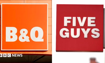 A composite image of B&Q signage on the left and Five Guys signage on the right.