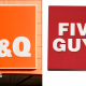 A composite image of B&Q signage on the left and Five Guys signage on the right.