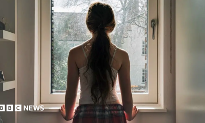 A young girl with a ponytail staring out of a window, seen from behind