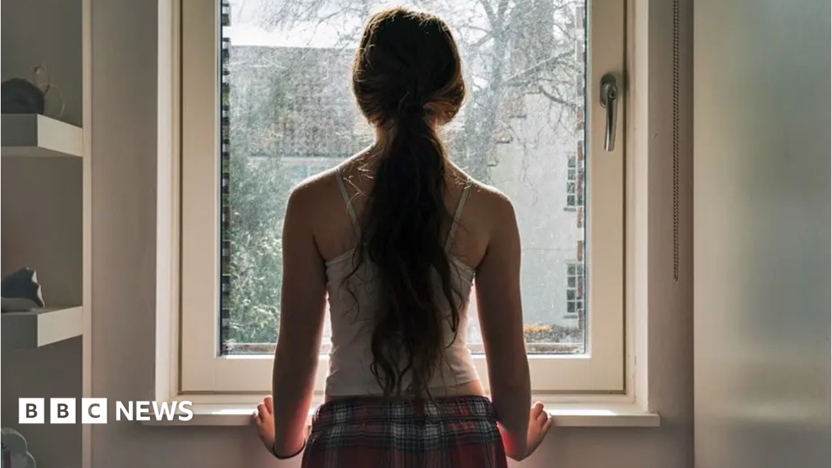 A young girl with a ponytail staring out of a window, seen from behind