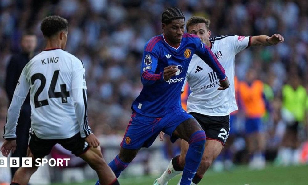 Manchester United's Marcus Rashford tries to beat Fulham pairTimothy Castagne and Josh King