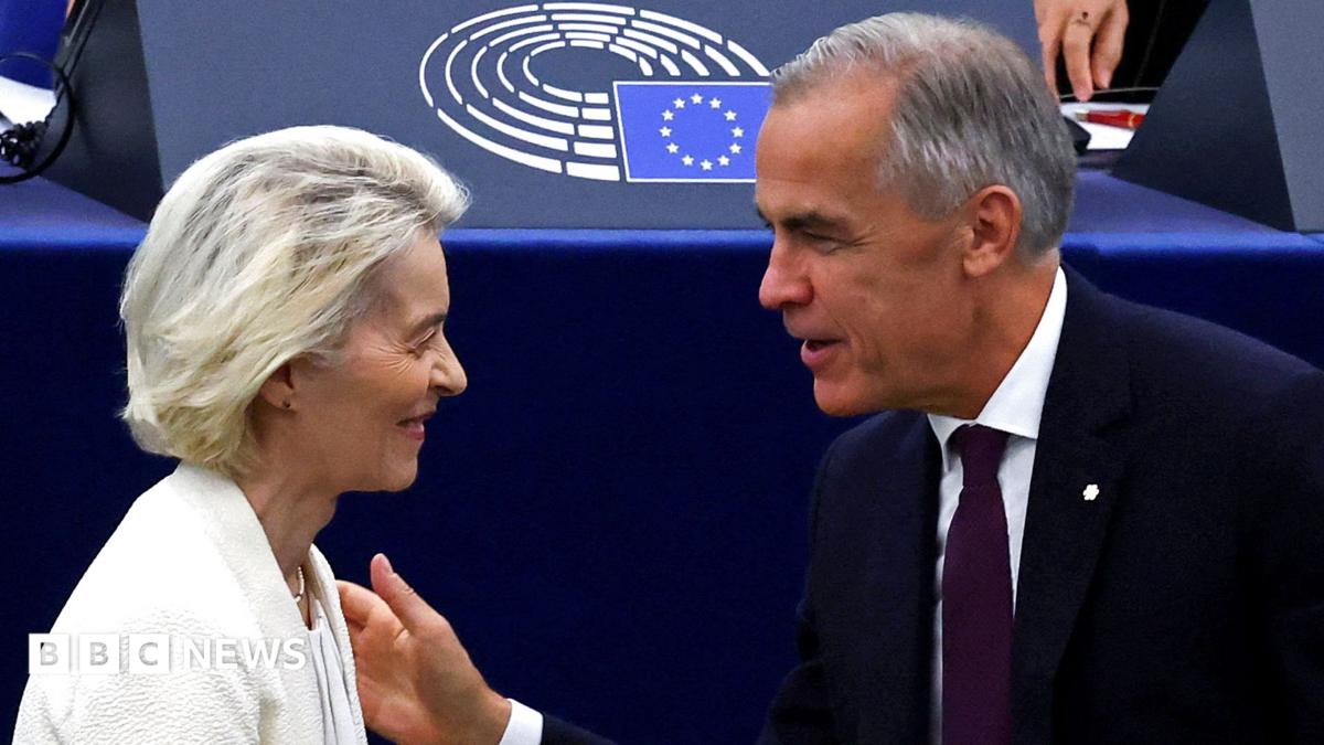 A smiling Mark Carney, wearing a suit, walks alongside European Parliament President Roberta Metsola and Ursula von der Leyen at the European Parliament