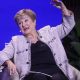 Kristalina Georgieva, managing director of the IMF, speaking during the Qatar Economic Forum in New York, US, this month. She sitting down in a chair explaining her answer to a question as she raises her left arm above her head.