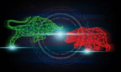 polygonal bull and bear shape writing by lines and dots over Innovation Technology background, trading and finance investment concept