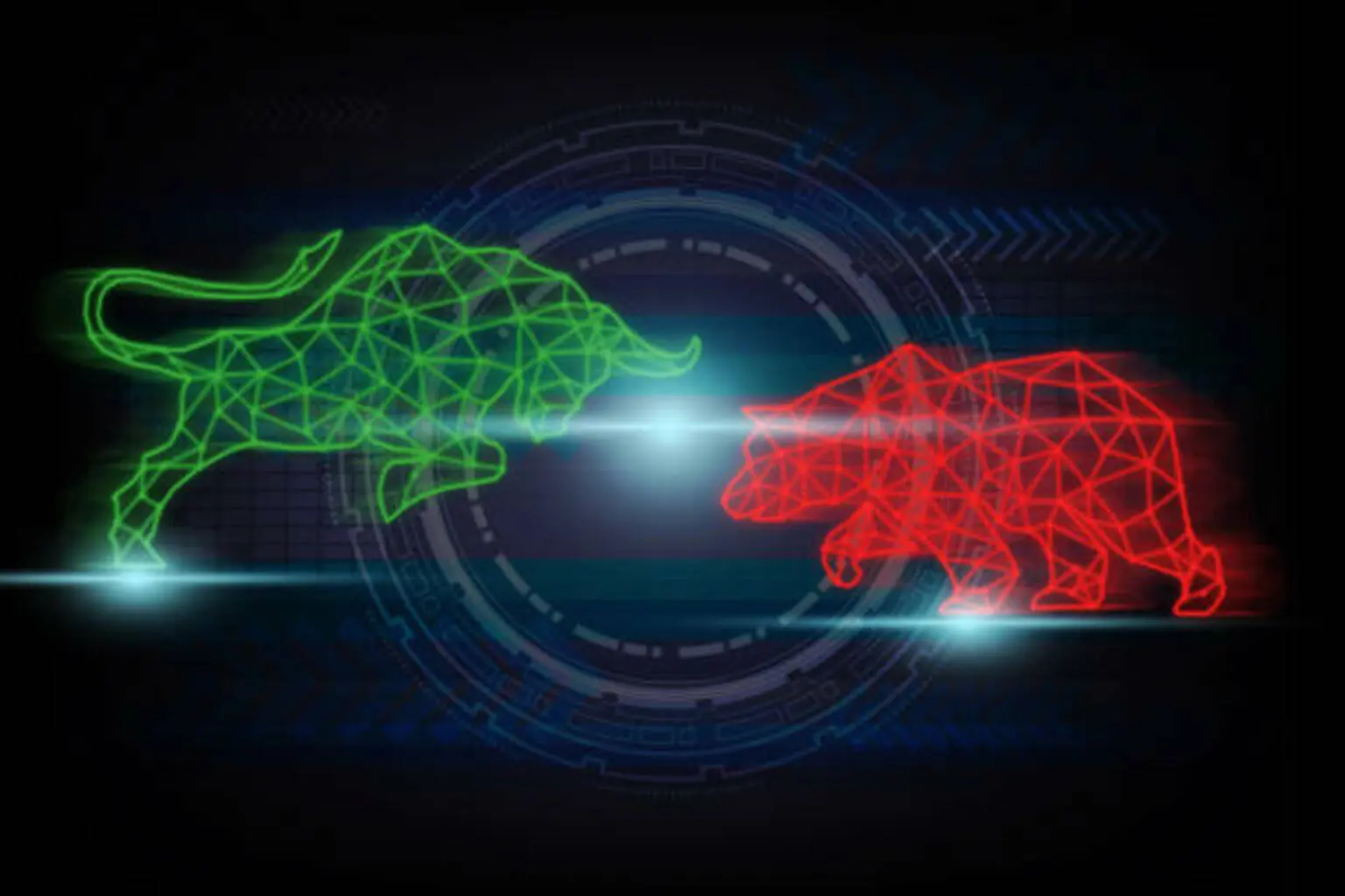 polygonal bull and bear shape writing by lines and dots over Innovation Technology background, trading and finance investment concept